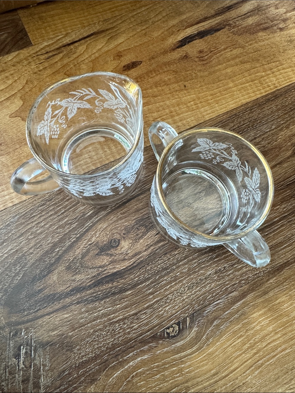 Clear Glass Creamer and Sugar Set with Etched Grape Motif - Clear